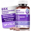Bold Botanica Elderberry Plus - 65x concentrado preto extrato de elderberry com zinco e vitamina C para o suporte diário imune e bem-estar sazonal - Não-GMO, 30 cápsulas Vegan