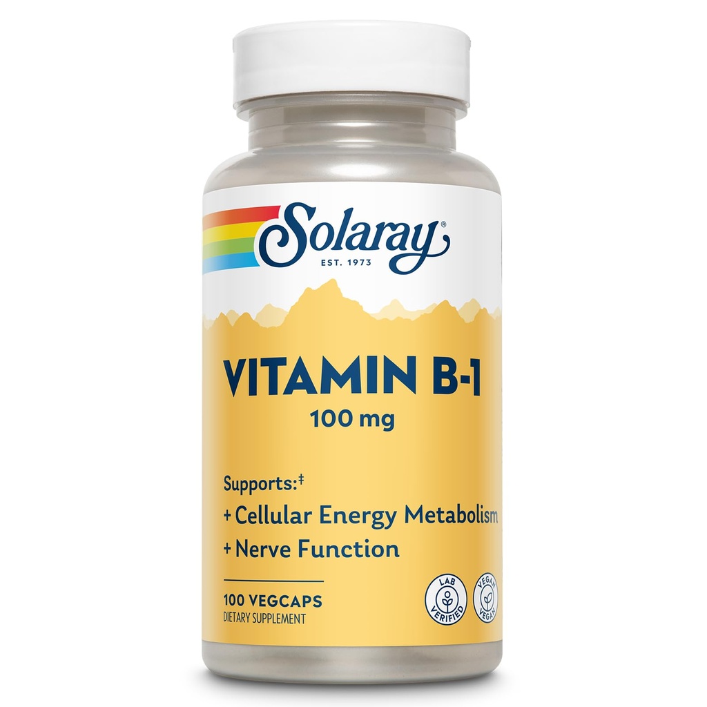 SOLARAY Vitamina B-1 100 mg – Metabolismo de Energia Saudável, Pele, Cérebro, Coração e Sistema Nervoso Suporte