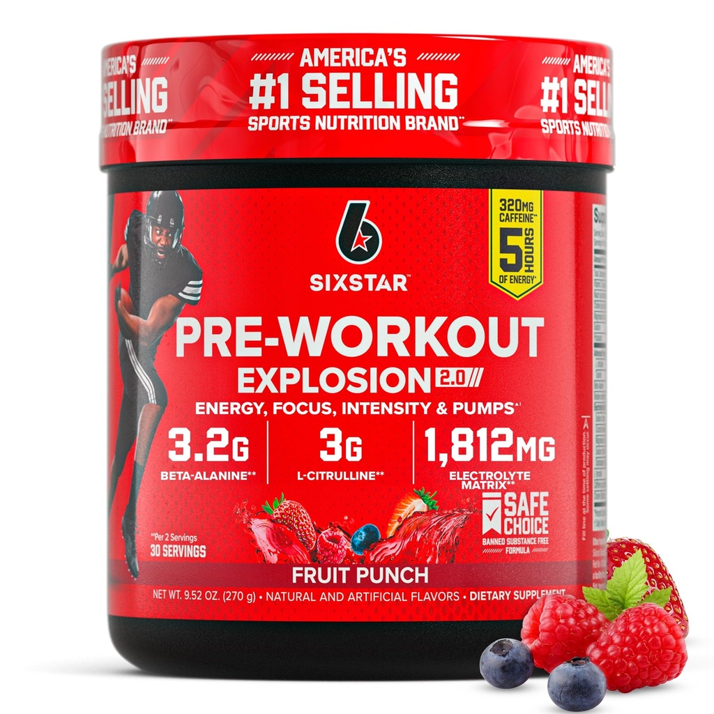 Pó pré-treino de seis estrelas para homens e mulheres, Fruit Punch (30 Servings) - Pré-treino Explosion 2.0 Energia Powder Drink Mix com Beta-Alanine & Cafeína - Sports Nutrition Supplement Products