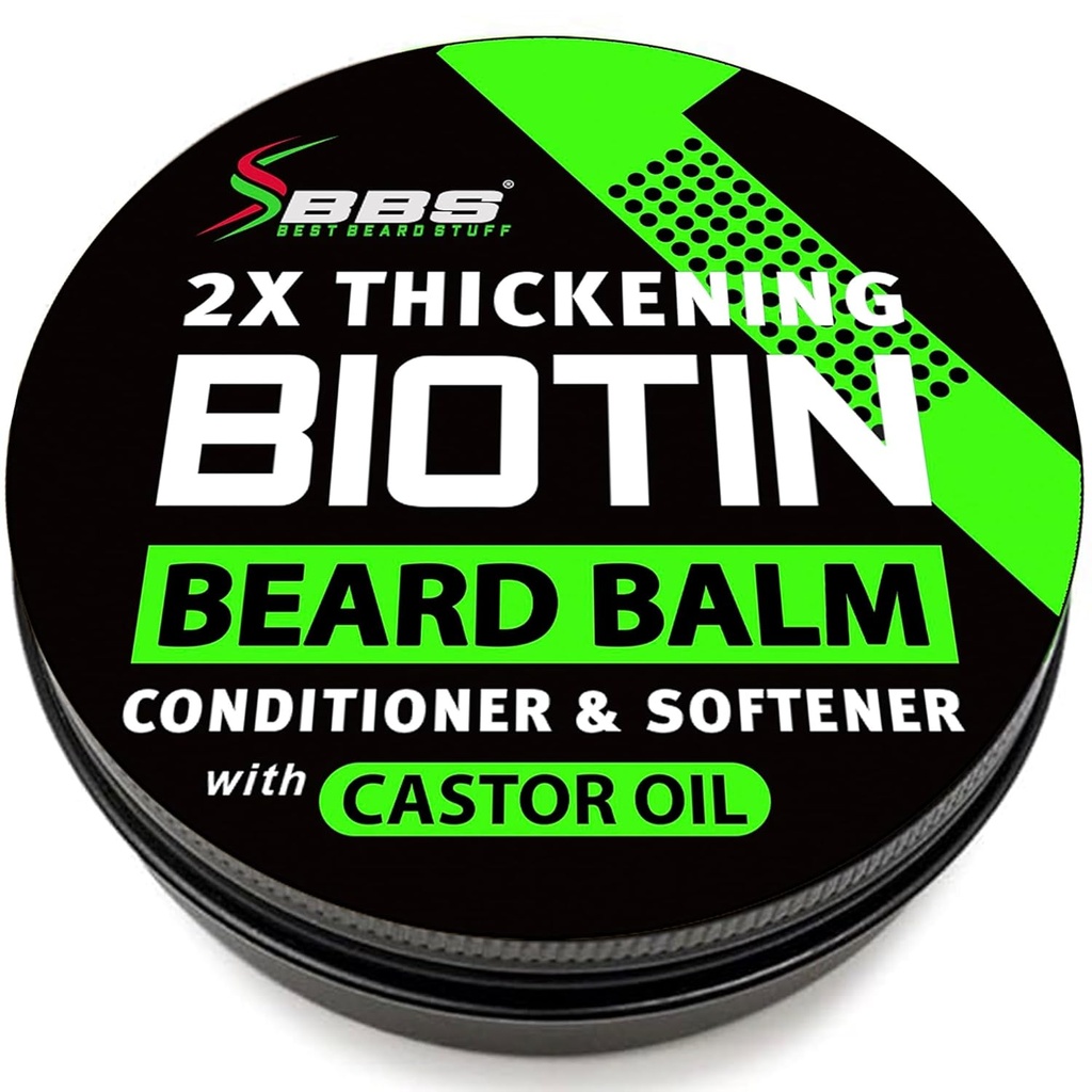 Bálsamo de barba de biotina para homens - 2X Espessura para barba e bigode - Cera de bigode orgânico com óleo de mamona & Meadowfoam – Hydrating Facial Hair Growth Balm & Leave-In Conditioner