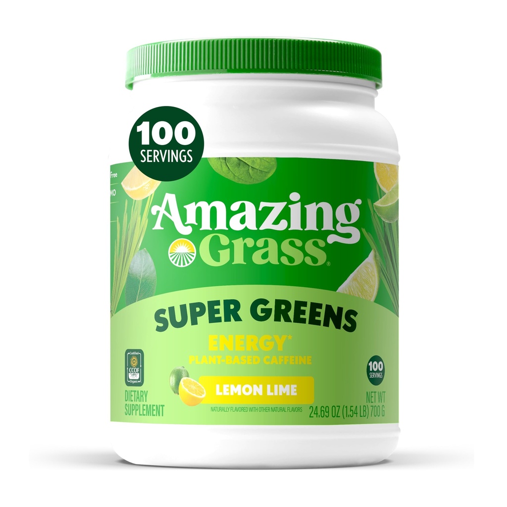 Incrivel Grass Green Superfood Energia: Super Verdes Pó e Cafeína Baseada Planta com Chá Verde, Raiz de beterraba em pó & Sementes de Flax, Limão, 100 Servings (Pacote de Maio Vary)