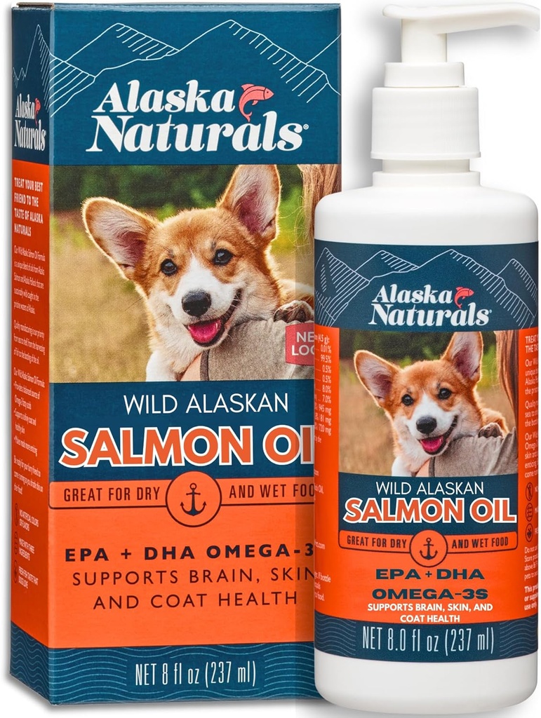 Alaska Naturals Wild Alaskan Salmon Fish Oil Supplement for Dogs Skin and Coat with EPA DHA Omega 3 Fatty Acids Liquid Food Topper 8 onças. Bomba