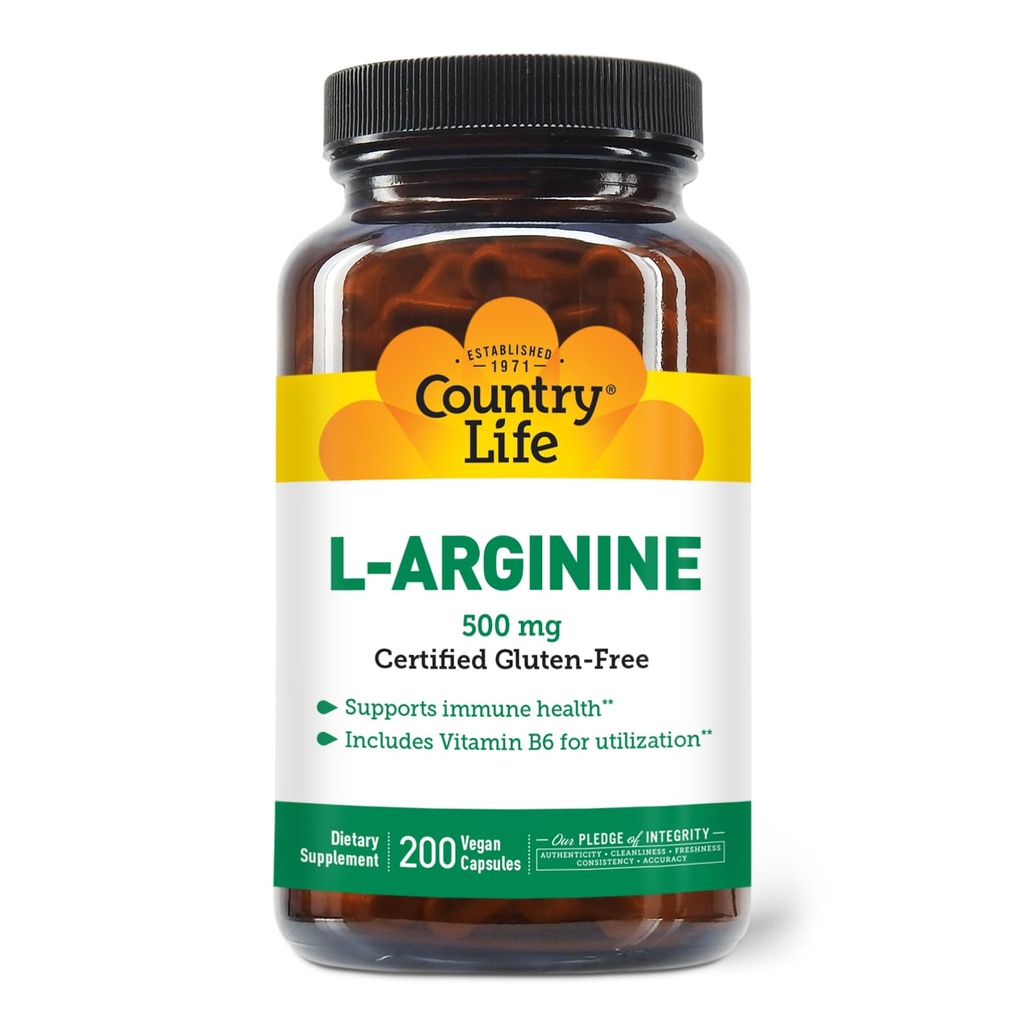 País Vida L-Arginina Caps com vitamina B-6, 500mg, 200 Cápsulas Vegan, Certificado Gluten Livre, Certificado Vegan