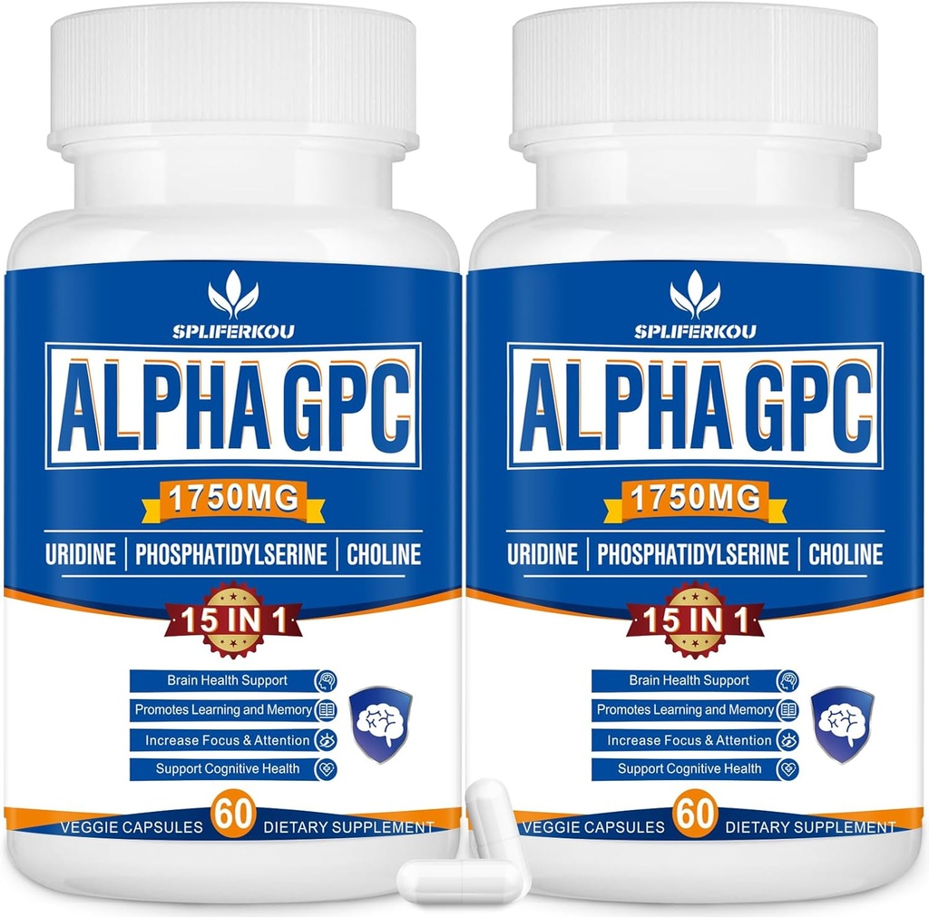 15-in-1 Alpha GPC Suplemento com Fosfatidilserina, Uridina, L-Teanina, Cogumelo de Mane de Leão, 120 Cápsulas