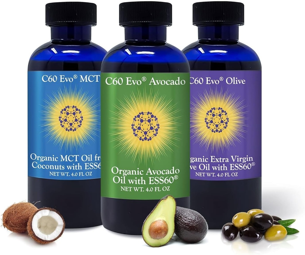 Óleos comestíveis all-Natural, 4 oz Conjunto de amostrador com puro C60 ESS60, suporte imunológico e suplemento de apoio conjunto com azeite de oliva, óleo de abacate e óleo de coco MCT, conjunto de 3, 4 oz