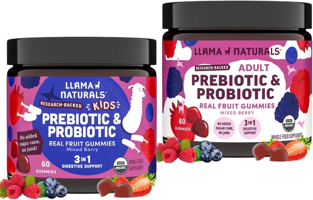 Llama Naturals Kids Pre & Probiótico Gummies + Adulto Pre & Probióticos Bundle - Não adicionado cana de açúcar Vegan
