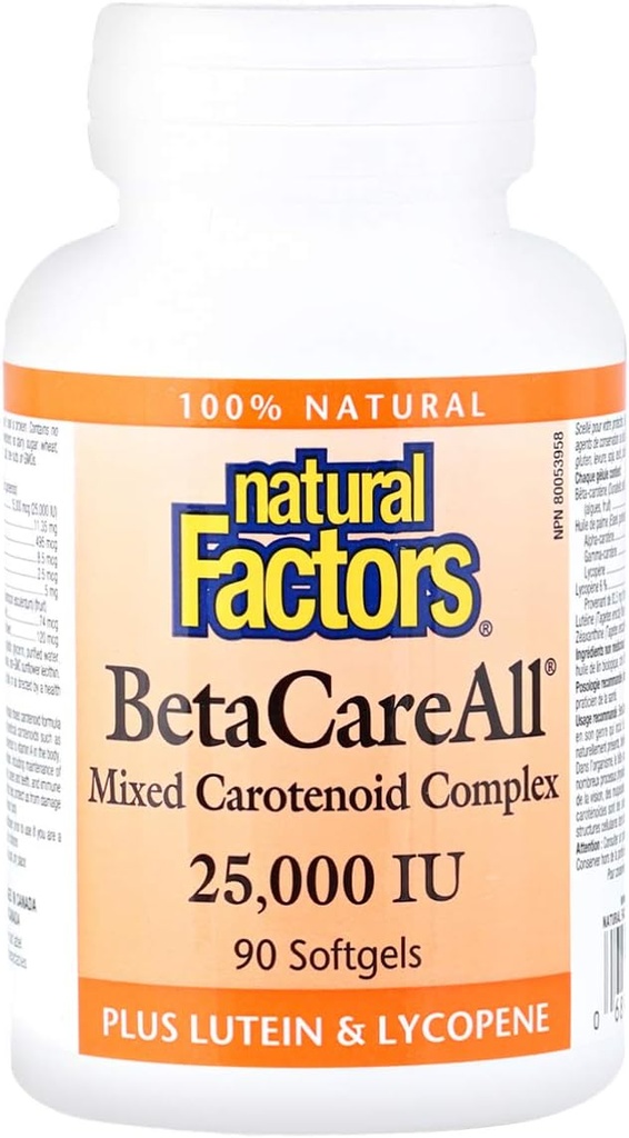Fatores naturais, BetaCareAll 25.000 UI, Vitamina A para a pele saudável, visão e função imune, 90 Softgels