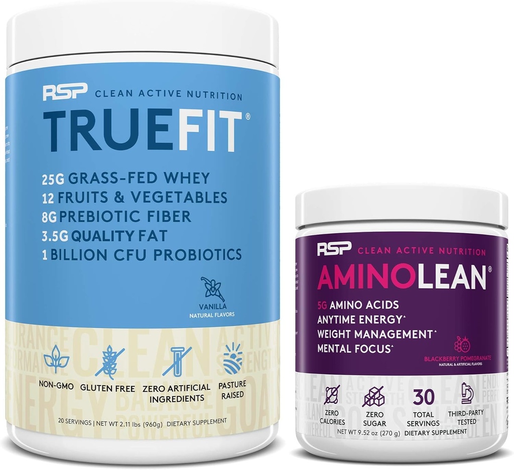 RSP NUTRITION AminoLean Pré-treino Energia (BlackBerry Pomegranate 30 Servings) com TrueFit Protein Powder (Vanilla 2 LB)