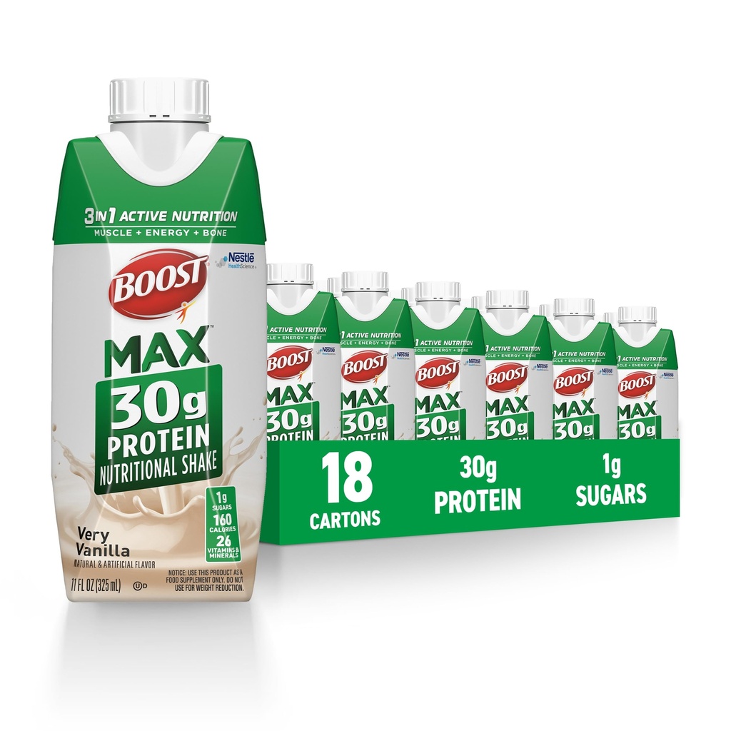 BOOST MAX Protein Shakes Pronto para Beber - 30g Alta Protein Shake - Baunilha - Bebidas Nutricionais para Apoiar a recuperação muscular Após o exercício, 26 Vitaminas e Minerais, 1g Açúcar, 11 fl oz (Pacote de 18)