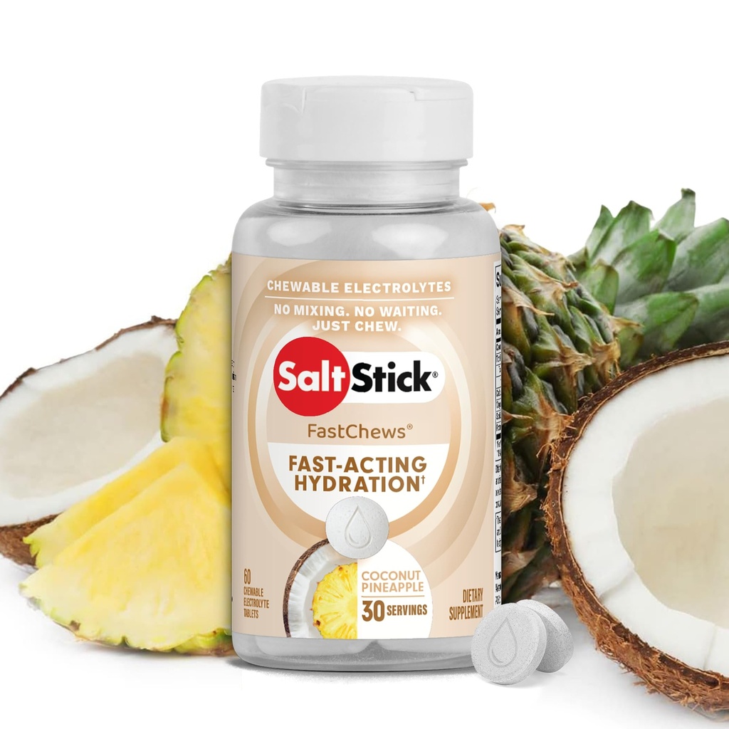 Eletrolítico SaltStick FastChews - 60 Eletrolíticos mastigáveis de abacaxi de coco - Comprimidos de sal para corrida e hidratação, Eletrolítico Chews - 60 Contagem