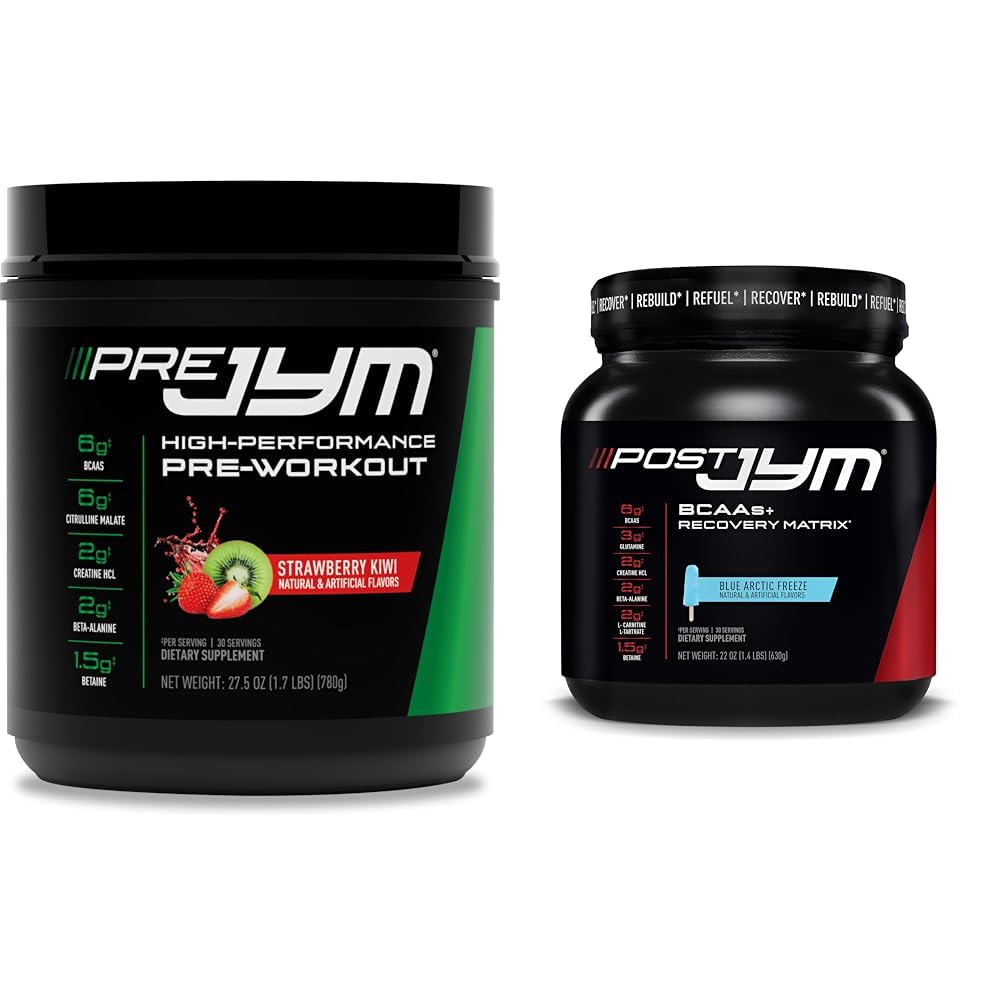 JYM Supplement Science PRE JYM 30 Servings - Morangueiro Kiwi e Pós-Trabalho com BCAA, Glutamina, Creatina HCL, Beta-Alanina e Mais, Blue Arctic Freeze, 30 Servings, 22 Oz