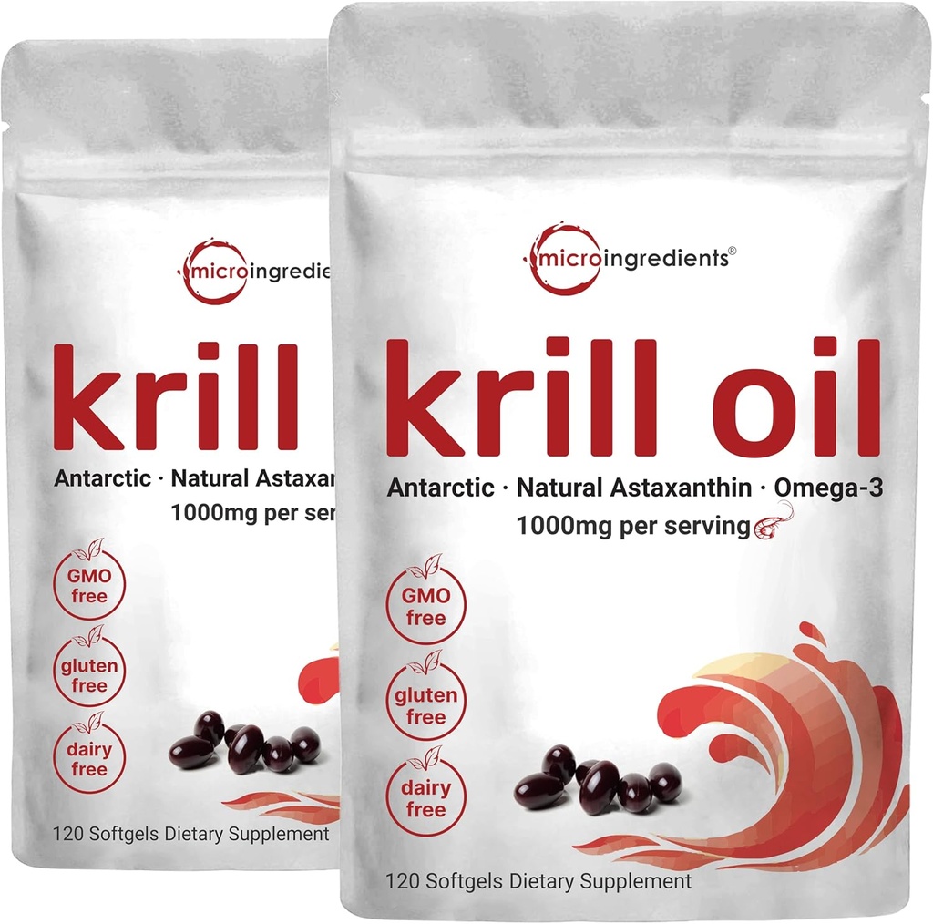 2 Pacote Antártico Krill Oil Supplement, 1000mg por serviço, 120Gels macios cada, rico em Omega-3s, EPA, DHA e Astaxantina, Suporta a saúde cerebral, Premium Krill Oil Cápsulas Softgels líquidos