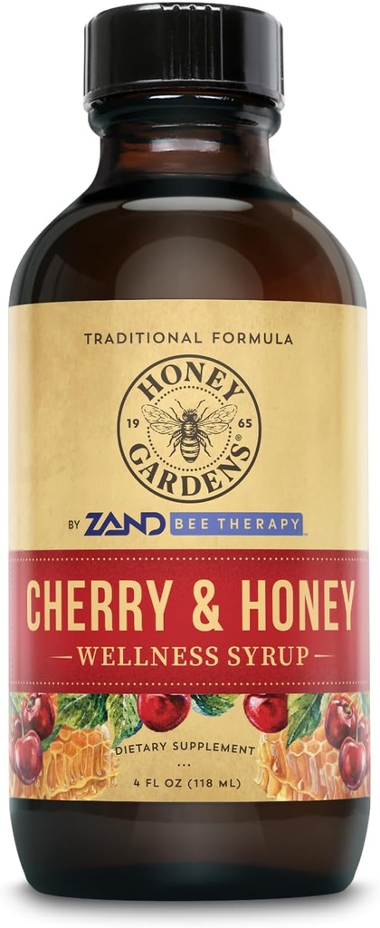 Honey Gardens Cereja & Mel Xarope calmante garganta, fórmula de apiterapia com mel cru orgânico, maçã orgânica Cider Vinagre, cereja preta, e extratos de ervas, 24 Servings, 4 FL. OZ.