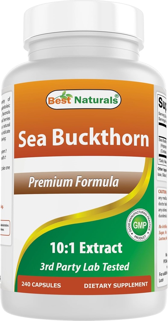 Melhor Naturals Sea Buckthorn Oil Powder Extract 10:1 500 mg 240 Cápsulas - Não-GMO, Glúten Livre - Contém naturalmente occuring Omega-7 Ácido palmetoleico