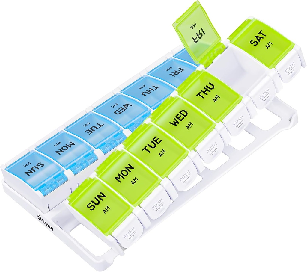 AUVON Organizador de pílula semanal 2 vezes por dia Artrite amigável com Primavera Open Design, BPA grátis 7 dias da manhã PM caixa de pílulas com grandes compartimentos separados para segurar 9 Óleos de peixe, Suplemento, Medicação