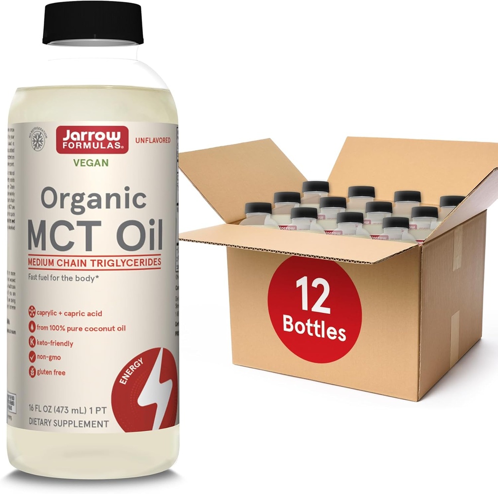 Jarrow Formulas Organic MCT Oil - 16 fl oz - Combustível Rápido para Cérebro e Músculos - Caprylic (C8) + Ácido Caprico (C10) - Ketogenic Diet Friendly Supplement - Unflavored (Pack of 12)