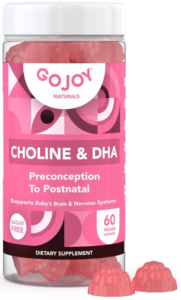Pré-natal Choline & DHA Gummies - Preconceito para Gummy suplemento vitamina pós-natal para mulheres grávidas - Adoçado com Monk Fruit - 3o partido testado - Não OGM, Glúten livre, Vegan