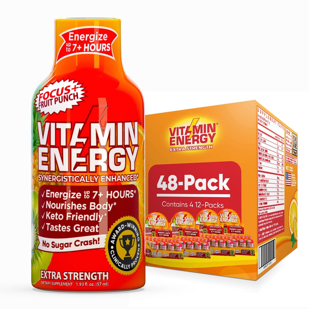 Vitamina Energy Focus+ Energia extra forte Shot Fruit Punch 48 Pack, 260mg Cafeína Natural, B-Vitaminas, CoQ10, Aminoácidos, Foco, Produtividade e clareza, Açúcar Zero, Sem glúten, 1,93 fl oz
