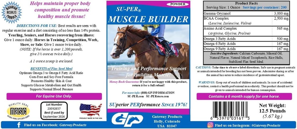 SU-PER Muscle Builder Horse Supplement - Treinamento e suporte de desempenho para exercitar o músculo - 12,5 libras, 6 meses de fornecimento