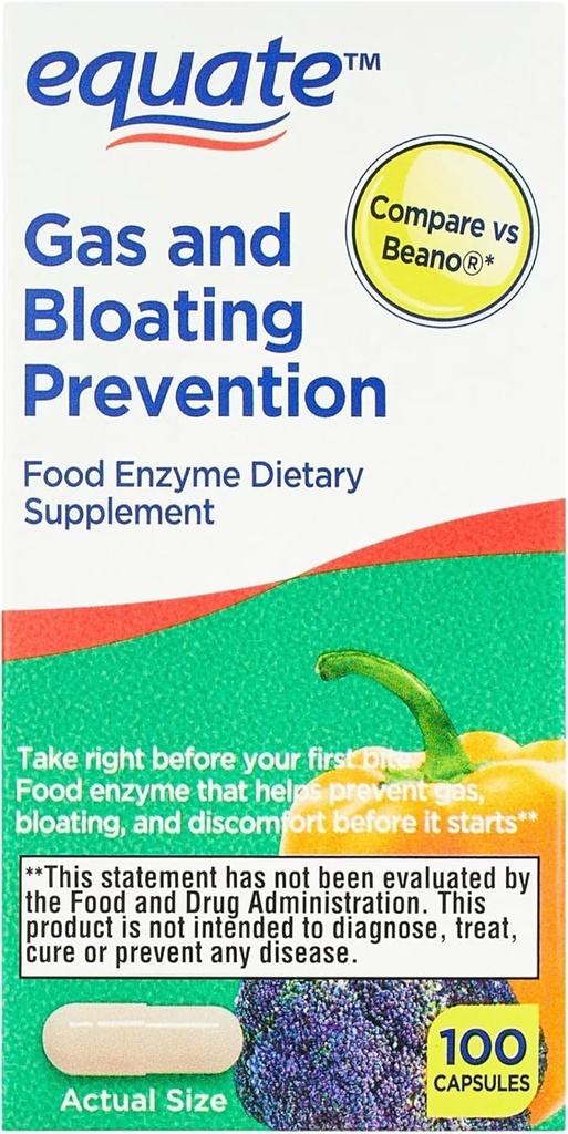 Equate Gas and Bloating Relief Prevention, Food Enzyme Dietary Supplement Cápsulas 100 Count (Pack of 1)