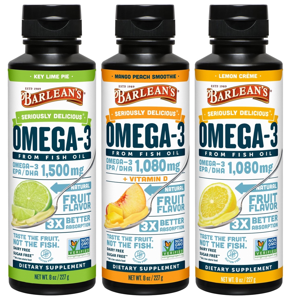 Barlean's Omega 3 Fish Oil Liquid Supplement 3-Flavor Variety Pack para homens e mulheres, EPA e DHA Fatty Acid, inclui torta de limão chave, limão Crème e Mango Peach Flavors, 8 onças