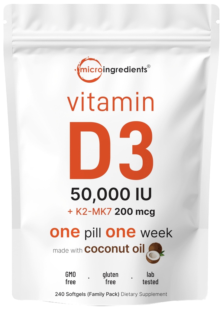 Micro Ingredientes Vitamina D3 50.000 UI + K2 MK-7 200 mcg, 240 Softgels . Óleo de coco virgem .2-em-1 Bone, Imune & Heart Support .