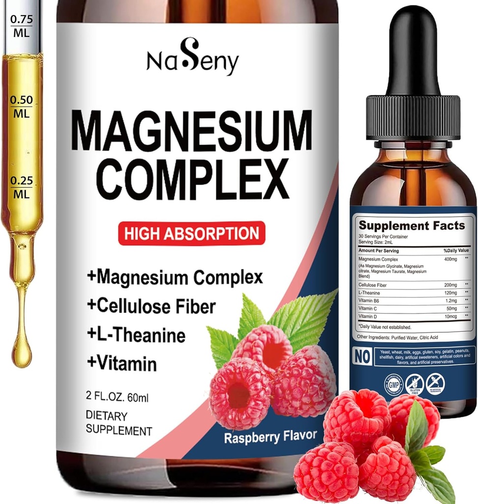 Suplemento Complexo de Magnésio, 400mg de Glicinato de Magnésio, Malato e Citrato Mistura de Vitamina para Mulheres e Homens, Alta Absorção - para Relaxamento, Bom Sono e Nervo Saúde (60ML/Raspberry)