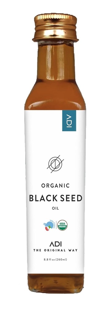 ADI Natural Black Seed Oil 8.8 onças, 100% Puro não refinado óleo líquido prensado frio, garrafa de vidro, USDA Certified, Nigella Sativa, Rich in Omega 3-6-9