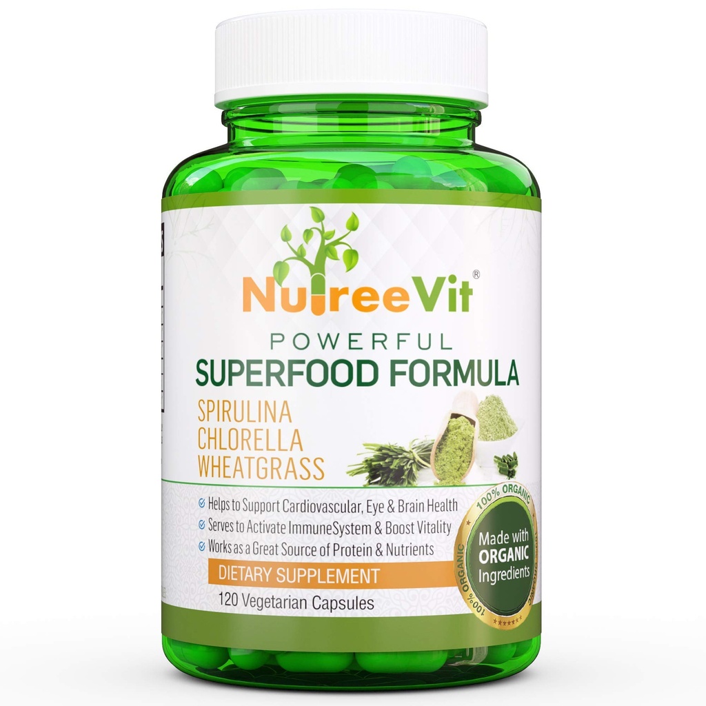 Pure 100% Organic Spirulina + Chlorella + Wheatgrass - Energy Booster, Immune Support, Powerful Superfood Antioxidant - Veggie Capsules | 500mg