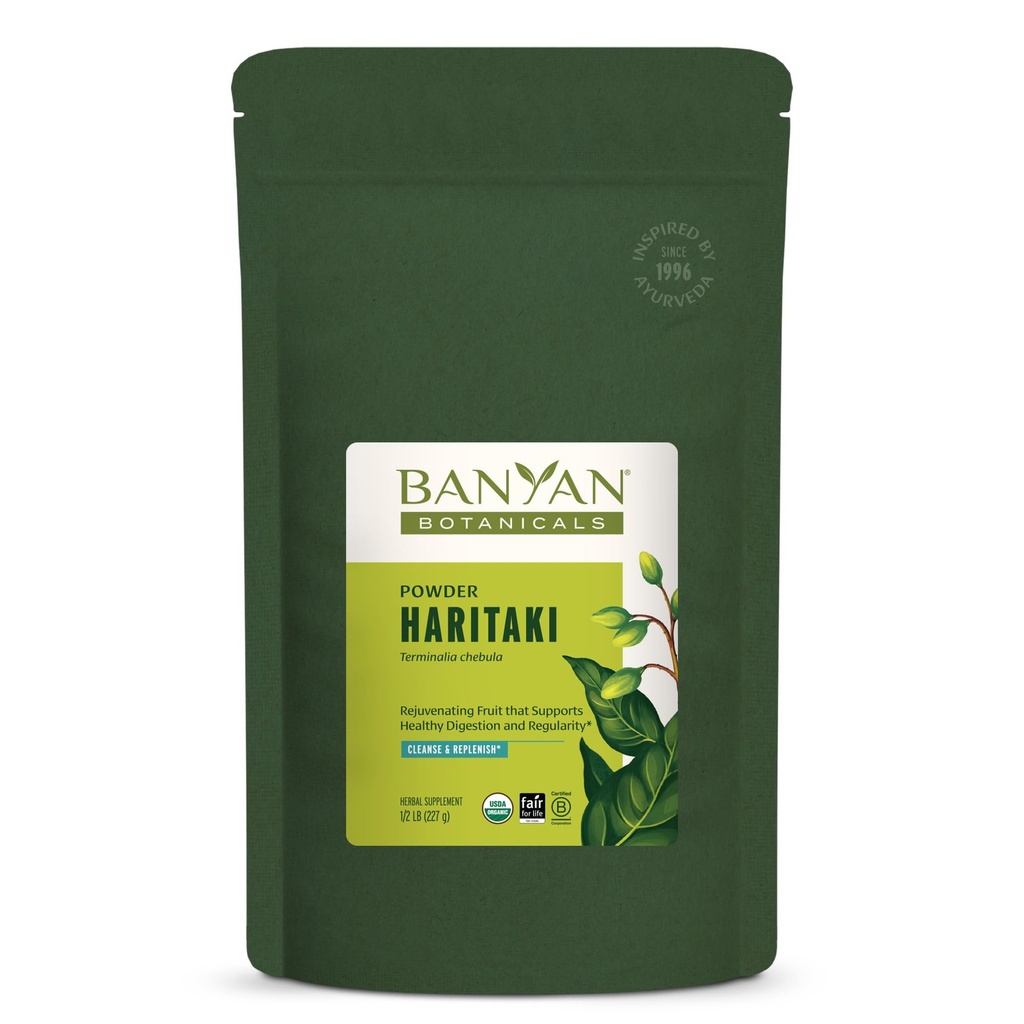 Banyan Botanicals Haritaki Powder - Certified Organic, 1/2 Libra – Terminalia chebula – para desintoxicação e rejuvenescimento* – Orgânico, Vegan, Não-GMO, Gluten Free, Certified Fair for Life Fair Trade
