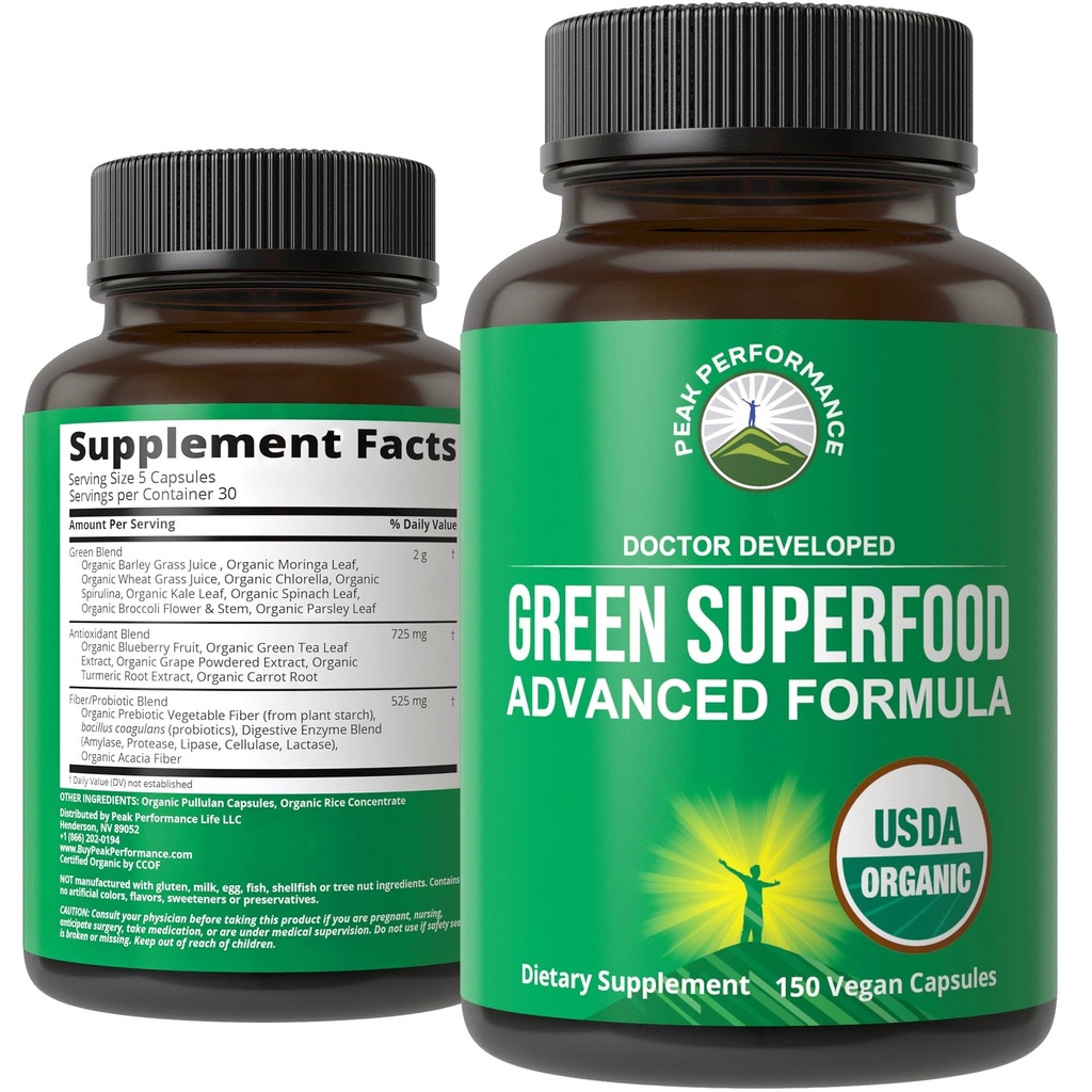 Super Verdes Orgânicos 150 Cápsulas - Suco Verde Suplemento Superalimentar com 25 Ingredientes Orgânicos Naturais. Pílulas Max Energy e Detox Super Food com espirulina, espinafre, couve, açafrão, probióticos