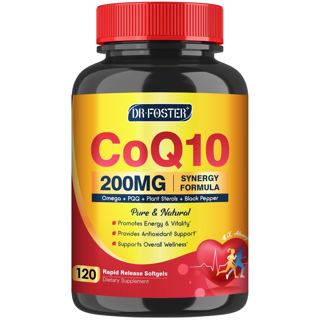 CoQ10 200mg Softgels com Vitamina E & Omega 3-6 -9 & PQQ - Coenzima de alta absorção Q10 com Bioperina ; Antioxidante máximo ; Suportes do coração e Suplemento de Produção de Energia Celular      . 120