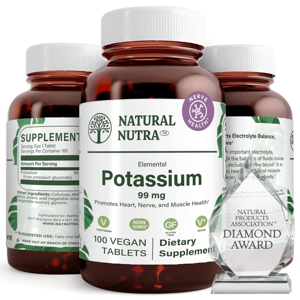 Natural Nutra Elementar Gluconato de Potássio 99 mg Suplemento dietético – Promove a energia, Ajuda a aumentar o sistema nervoso, Promove a saúde do coração, Regulação mineral, Função muscular - 100 comprimidos Vegan
