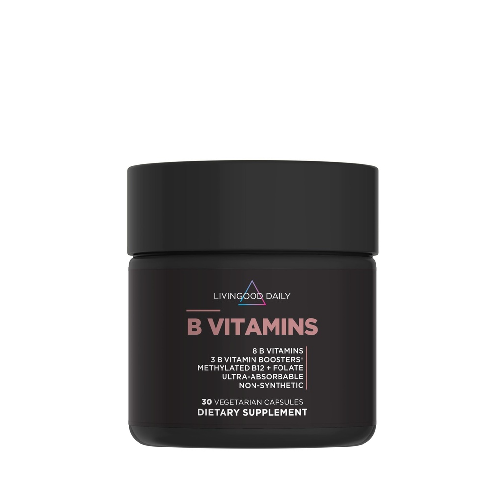 Livingood Daily Vitamina B Complex Cápsulas para Homens e Mulheres, Metilado B12 & Folato, 11 Formas Ativas Incluindo B1 B2 B3 B5 B6 & Biotina, Gluten Free, Vegan B Vitaminas para unhas da pele do cabelo, 30 Cápsulas
