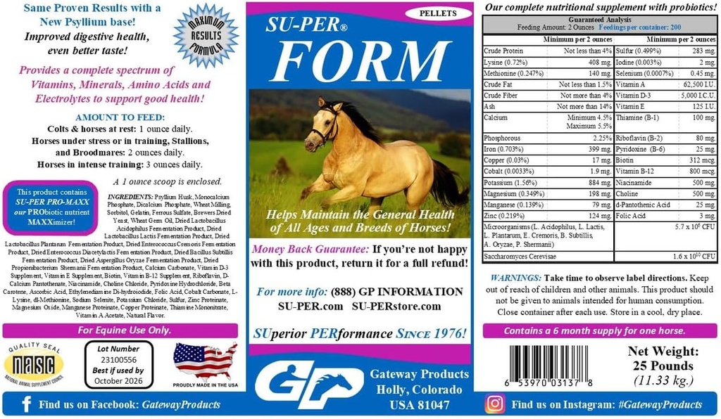 Forma SU-PER Vitaminas e Minerais Pellets - Suplemento Nutricional com Probióticos - Vitaminas, Minerais, Aminoácidos e Eletrolitos - Ajuda a Manter a Saúde Geral - 25 Libras, 6 Mês de Abastecimento
