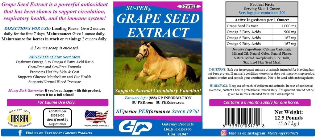 SU-PER Grape Seed Extract Horse Antioxidant - Equine Antioxidant Supplement for Performance Horses - Suporta a circulação Respiratory Health & Imune System - 12,5 libras, 6 meses de fornecimento