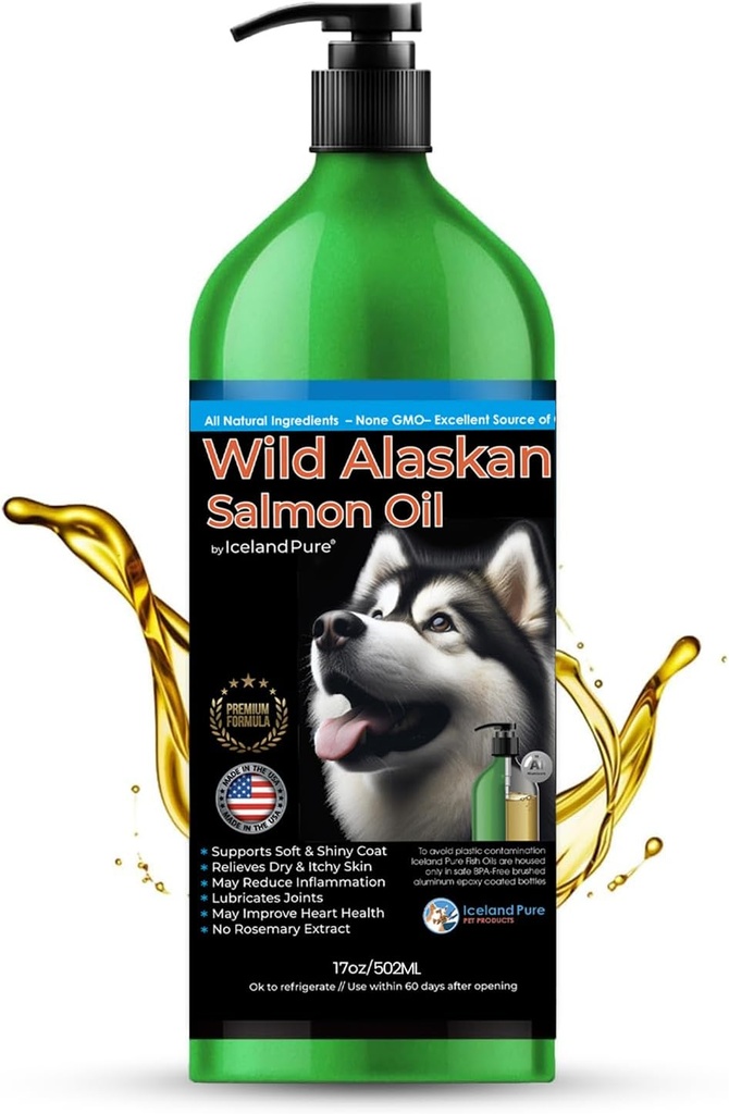 Óleo de salmão selvagem do Alasca para cães e gatos pela Islândia Puro     , 1.043 mg de Omega-3 por colher de chá , Óleo de salmão & Pollock mistura , BPA-free escovado garrafa de alumínio epóxi revestido com bomba - 17 onças