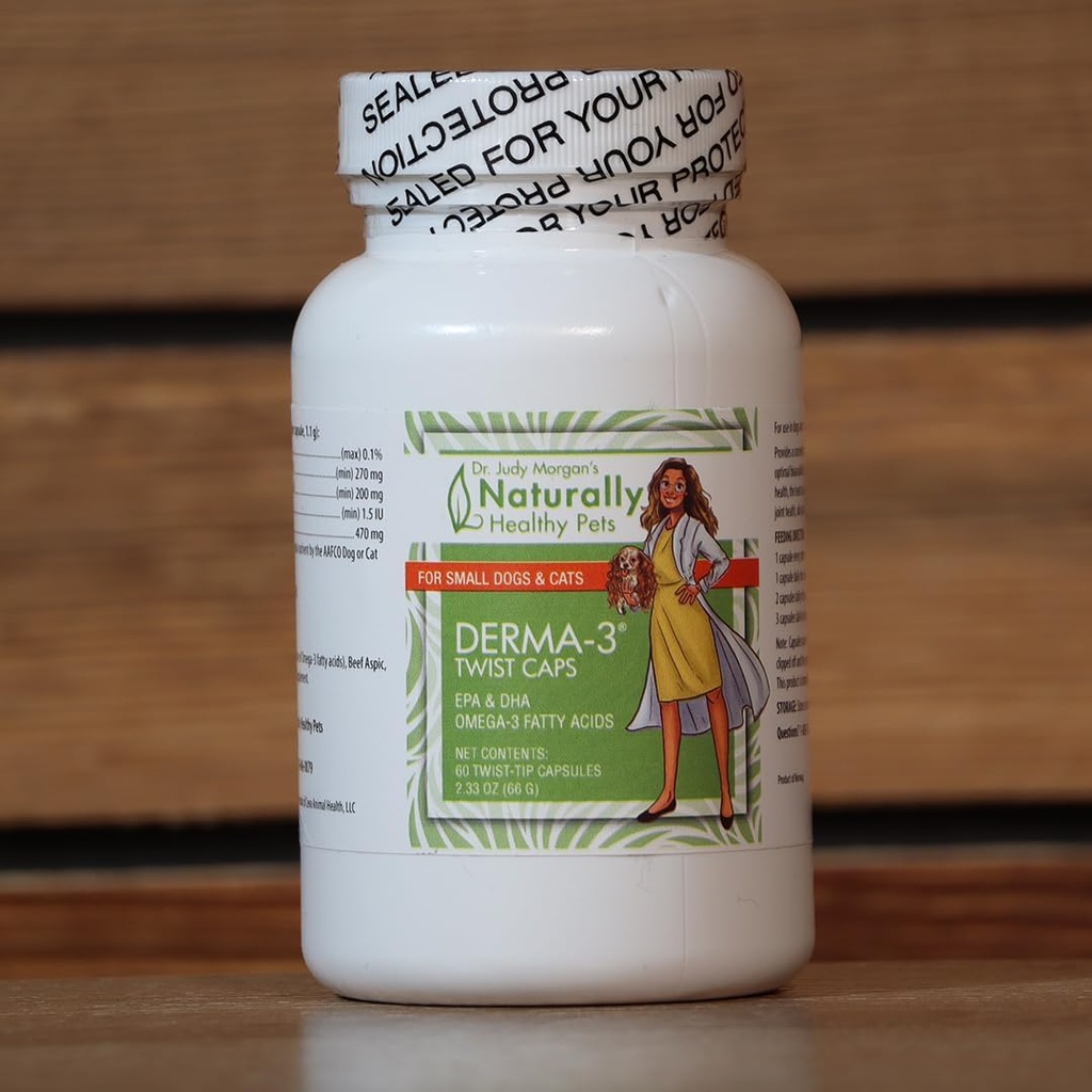 Dr. Judy Morgan naturalmente saudável animais de estimação Derma-3 Omega3 Peixe óleo Twist Caps para cães e gatos (Pequenos)