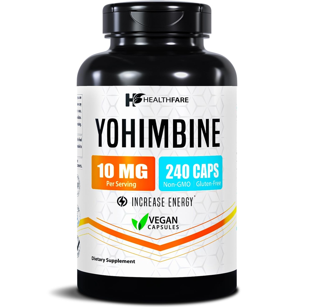 Healthfare Yohimbine HCL 10mg 240 Cápsulas Vegan □ Fórmula de força máxima □ Não-GMO & Gluten-Free □ Made in USA