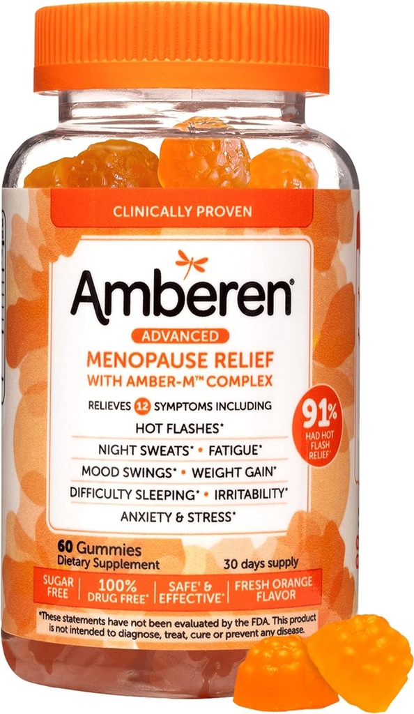 Amberen menopausa suplementos para as mulheres, Multi-Symptom alívio, Vitamina E & exclusivo Amberen composto, Ajuda a apoiar equilíbrio hormonal, Hot Flashes & suores noturnos, Açúcar livre, sabor laranja, 60 chicletes