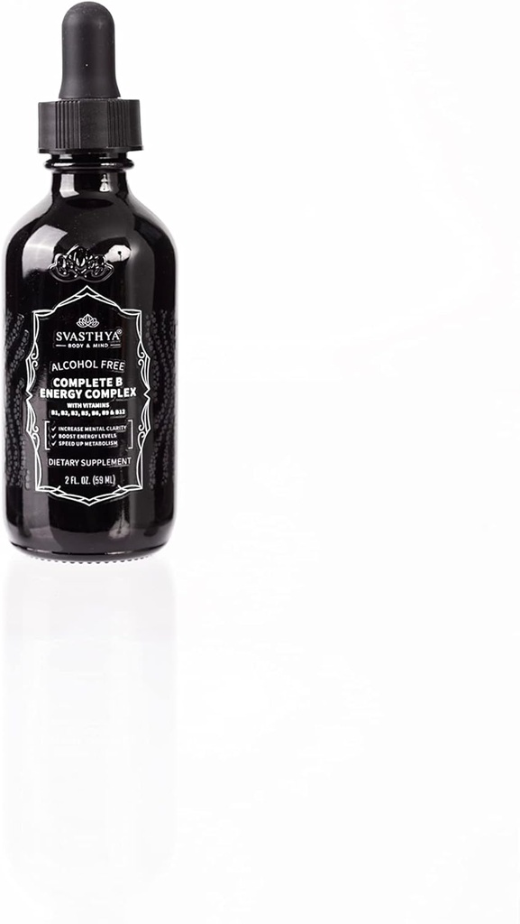 Svasthya Corpo & Mente B2 D3 Suplemento Líquido Complexo Vitamina B - Todos os líquidos naturais B Vitaminas para mulheres, homens e crianças - gotas ultra potentes w/B-6, B-12-5000mcg, Sublingual & Vegan Friendly