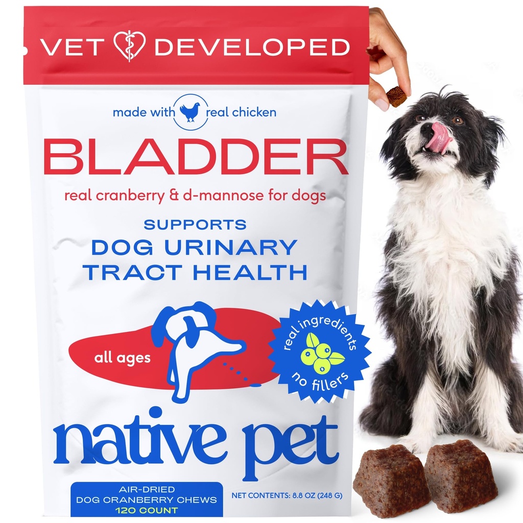 Tratamento ITU cão animal de estimação nativo - Suplemento de cranberry para cães Controle de bexiga e apoio renal - Prevenir infecção de trato urinário e incontinência urinária - Feito com extrato de cranberry real - 120 mastigações