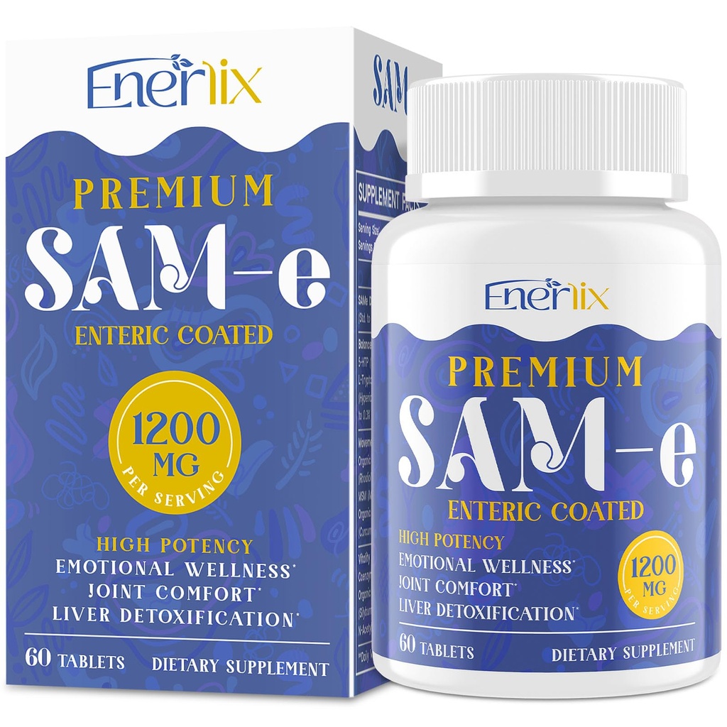 1200 MG SAM e Suplemento para Cérebro, Humor, Articulação e Fígado, Alta Absorção SAM-e (S-Adenosyl-L-Metionina) com CoQ10, 5-HTP, Entérico revestido 60 Comprimidos, Vegan