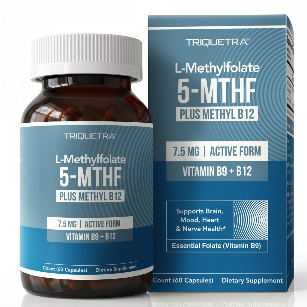 L Metilfolato 7,5mg mais Metil B12 - Forma 5-MTHF ativa, Suplemento MTHFR - Fluxo sanguíneo pronto Folato metilado + Cofator B12 - Suporta Mood, Metilação de Homocisteína, Cognição (60 Cápsulas)