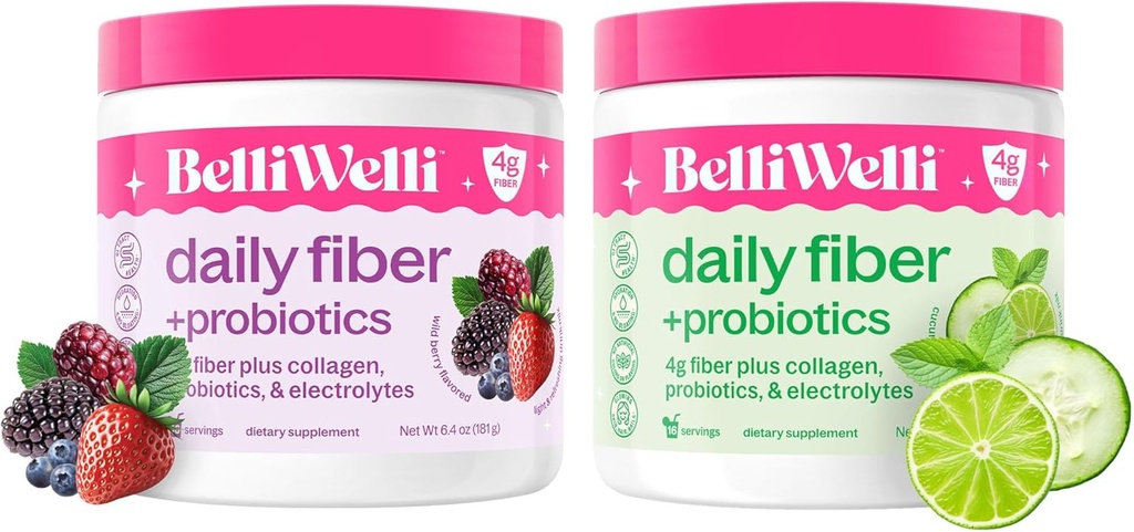 Conjunto de suplementos diários de fibra com colagénio, probióticos e electrólitos - Suporta saúde digestiva, regularidade e saúde da pele – Cal de pepino hortelã & sabor Berry selvagem – 32 Servings Total