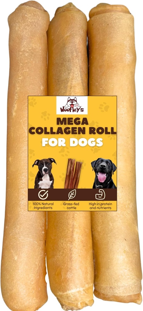 Rolo de colágeno extra grosso de Woofley (10-12 polegadas - 3 PCS) - Mastiga para cães - Bully Stick Rawhide mastiga cão alternativo sem esconder ossos para cães médios e grandes