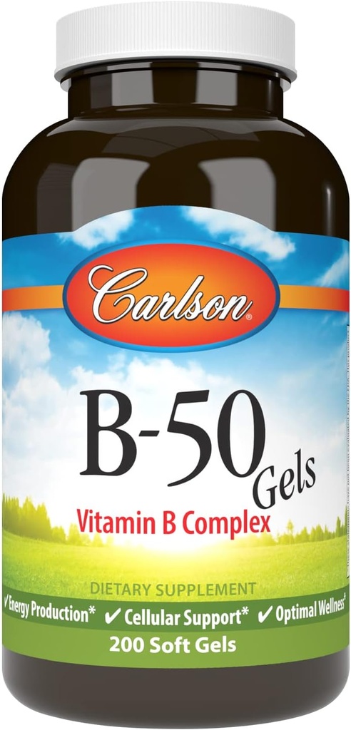 Carlson - B-50 Gels, Complexo de Vitamina B, Produção de Energia, Suporte Celular e Bem-Estar Optimal, 200 Softgels