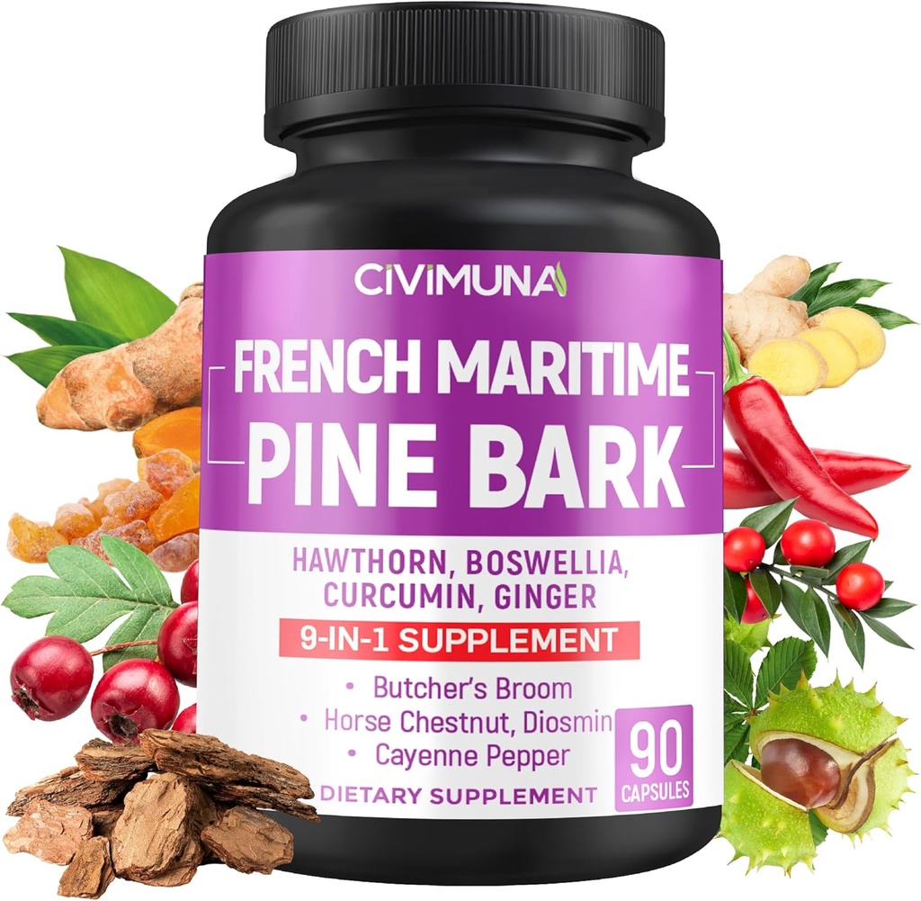 French Maritime Pine Bark Cápsulas com French Maritime Pine Bark, Hawthorn, Bosweillia e mais - 90 Cápsulas para 3 meses de fornecimento