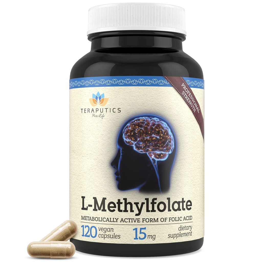 Teraputics L-Metilfolato 15mg □ 120 Cápsulas Vegan □ Premium □ 5-MTHF suplemento ativo de folato de metilo para metilação de Homocisteína de humor – Não-GMO Gluten-Free, No Fillers - Apoio ao cérebro de ácido fólico