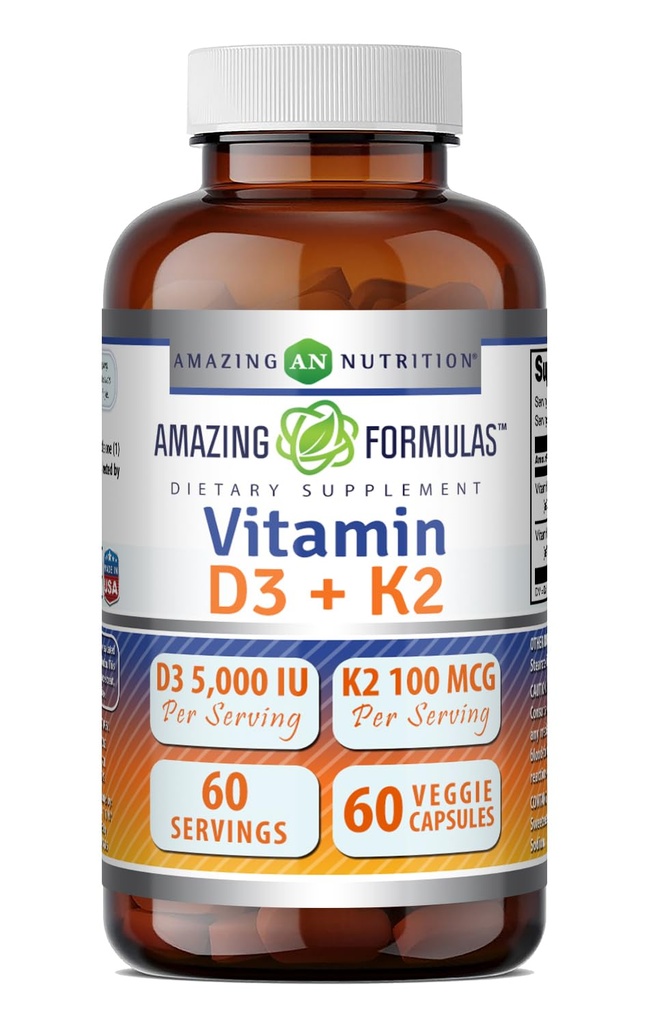 Fórmulas surpreendentes Vitamina D3 5000 UI com Vitamina K2 100 mcg . D3 + K2 Suplemento Complexo . Cápsulas Veggie . . Não-GMO . Glúten . .